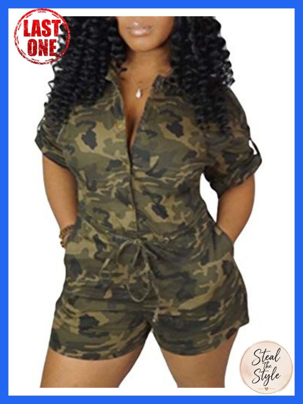 Women's Camo Romper Short Sleeve Cargo Playsuit Jumpsuit